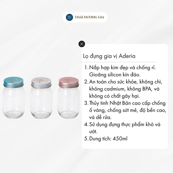 Lọ đựng gia vị, đồ khô thủy tinh nắp hợp kim chống gỉ 450ml Nhật Bản Aderia