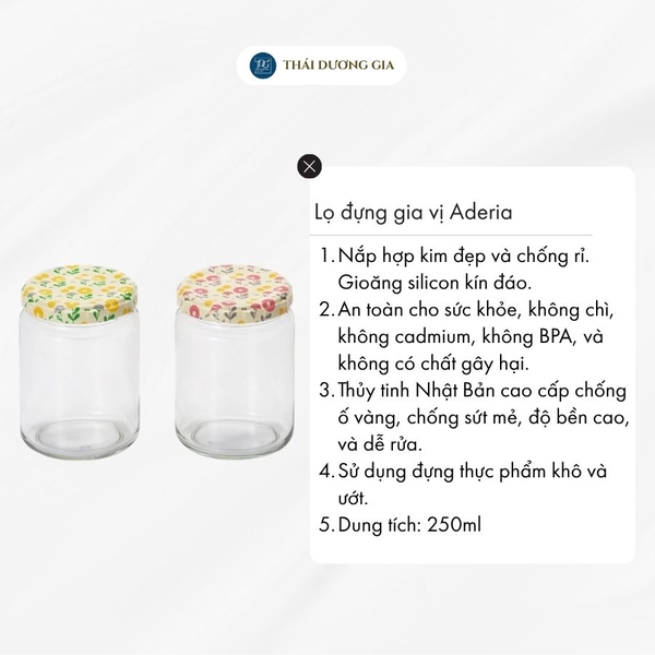 Lọ đựng gia vị, đồ khô thủy tinh nắp hợp kim chống gỉ 250ml Nhật Bản Aderia