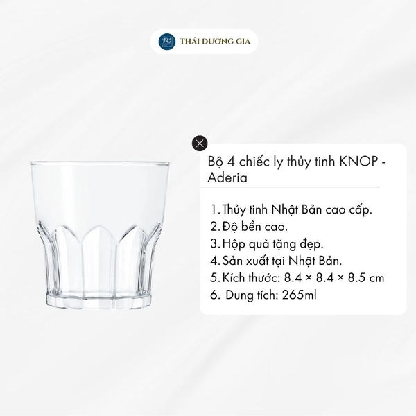 Bộ ly, cốc thủy tinh 4 chiếc 265ml Nhật Bản Aderia KNOP S-6128