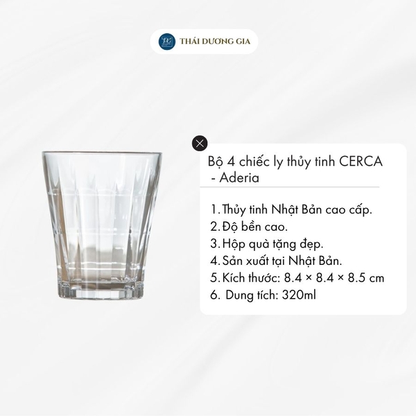 Bộ ly, cốc thủy tinh 4 chiếc uống nước 320ml Nhật Bản Aderia CERCA S-6136