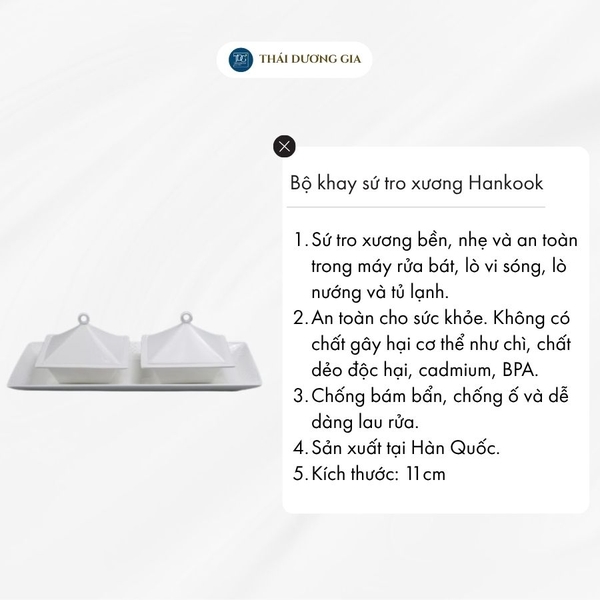 Bộ khay chữ nhật và 2 bát vuông có nắp đựng mứt, ô mai Tết trắng sứ tro xương Hàn Quốc