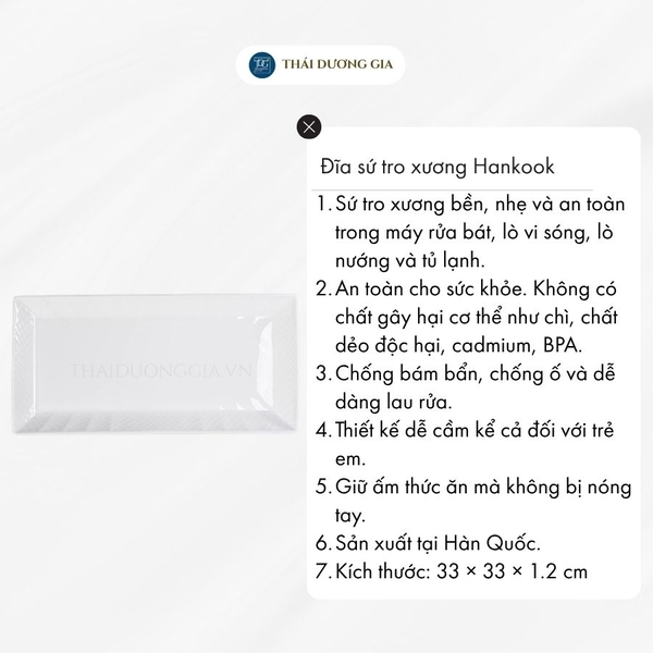 Đĩa chữ nhật 33cm trắng sứ tro xương Hàn Quốc Hankook ZPB-0001