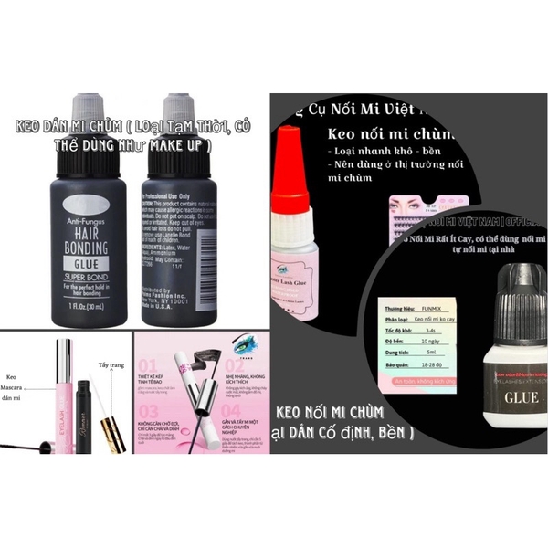 ￼Các loại keo dán cho mi chùm, keo tạm thời ( make up) và keo cố định ( keo nối mi ), tháo mi chùm Cluster Lashes