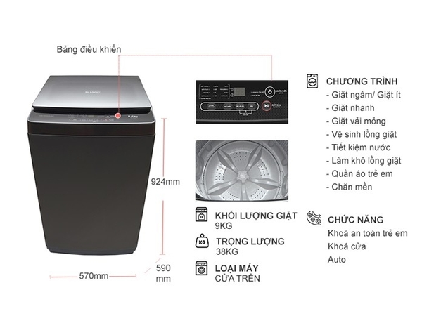 Máy giặt Sharp 9 kg ES-Y90HV-S