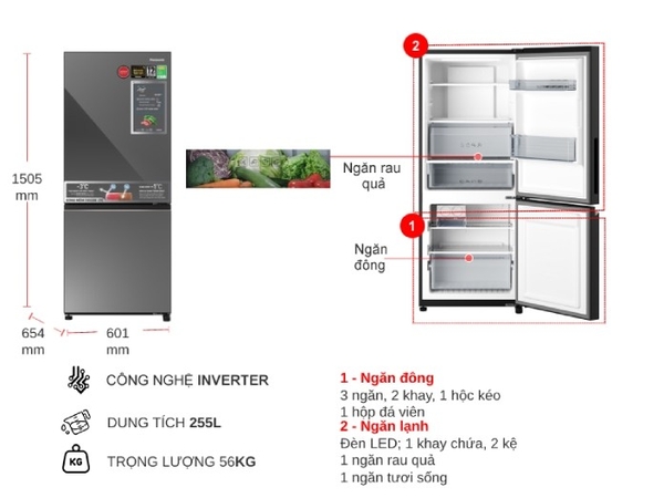 Tủ lạnh Panasonic Inverter 2 cánh 255 Lít NR-BV281BGMV Mới 100% Giá Rẻ NHất