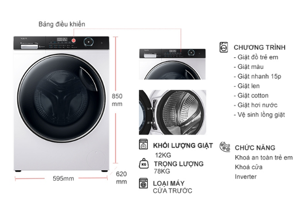 Máy giặt lồng ngang Aqua 12kg DD INVERTER AW12-B4959U1K(W) Mới 100% Giá Rẻ Nhất Hà Nội