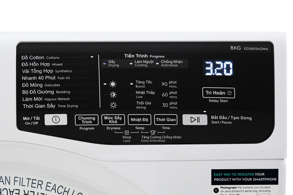 Máy sấy Electrolux 8 kg lồng ngang EDS805KQWA