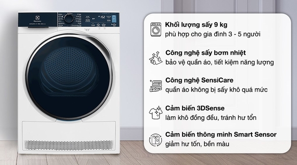 Máy sấy bơm nhiệt Electrolux UltimateCare 9 kg EDH903R9WB Mới 100%
