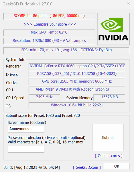 Asus ROG Strix G17 G713 furmark