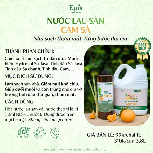 Nước lau sàn cam sả Epis – Nhà thơm tự nhiên, đuổi muỗi hiệu quả
