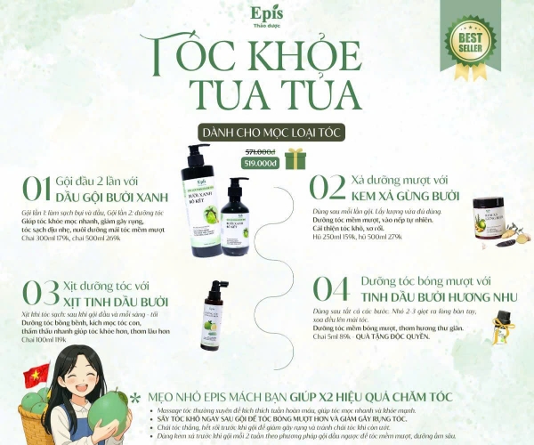 Combo Tóc khỏe mọc nhanh Epis (Dầu gội Bưởi xanh 500ml + kem xả 250g + xịt bưởi 100ml)