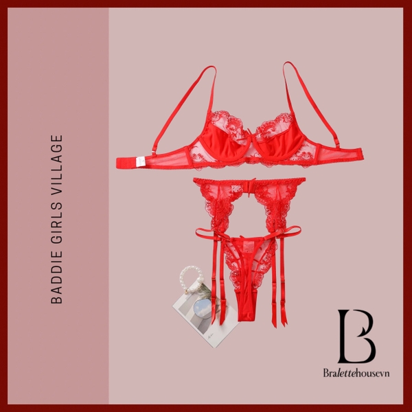 [KÈM ĐAI] Bộ đồ lót ren nữ 3 món Onny Set S2545DO có gọng không mút kèm quần dây lọt khe táo bạo gợi cảm quyến rũ Bralettehousevn