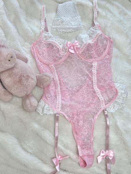( Tặng kèm vớ) Bộ đồ dáng corset Rosalin Bodysuit S2427 phối ren nơ phong cách Pháp nữ tính quyến rũ Bralettehousevn