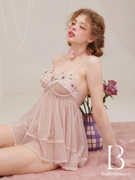 Đầm váy ngủ nữ cao cấp có gọng Qeqe Dress S2652 xuyên thấu phối ren bèo nữ tính tiểu thư gợi cảm Bralettehousevn