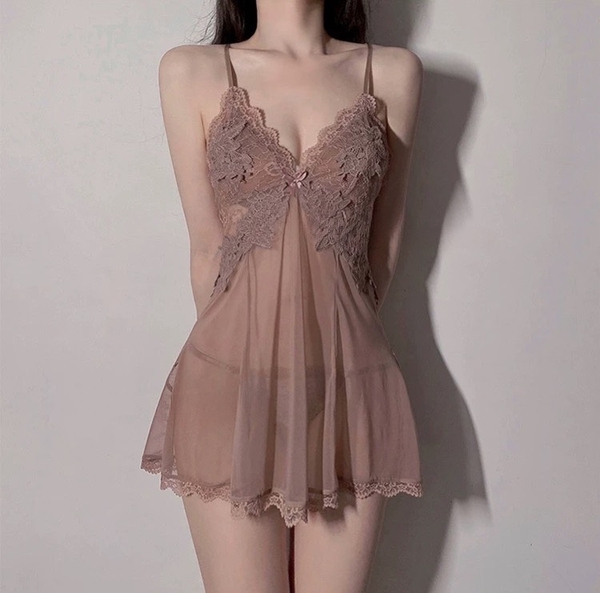 [KÈM QUẦN] Đầm ngủ Tahi Dress S2381 lưới xuyên thấu phối ren nổi cao cấp gợi cảm Bralettehousevn