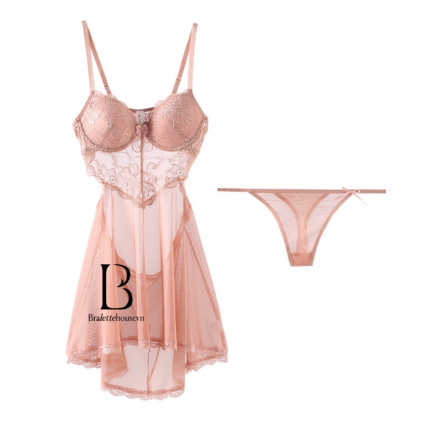 [KÈM QUẦN] S1801 Hinny Dress Đầm váy ngủ nữ có gọng kèm mút ren mềm Braletteshousevn
