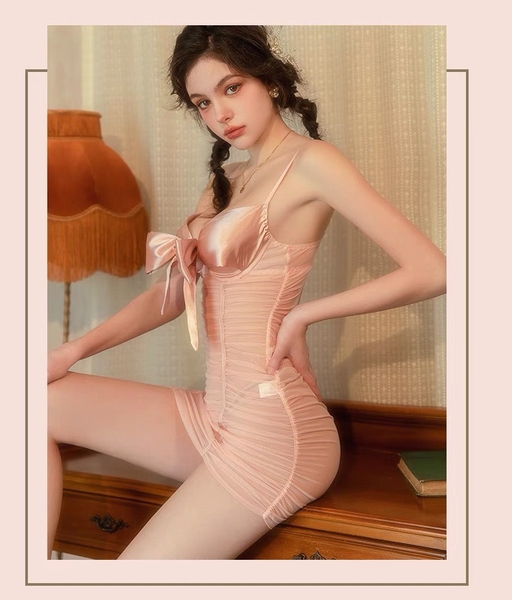 (Kèm quần) Đầm ngủ nữ Pling Dress S2377 cột nơ satin phối voan form ôm xuyên thấu gợi cảm Bralettehousevn - viết giúp tôi mô tả bán hàng