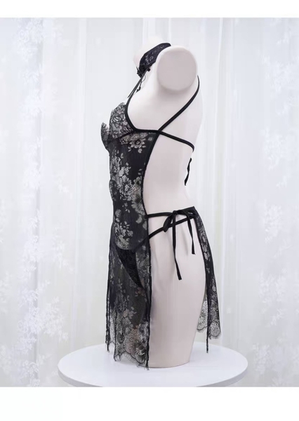 [𝐂𝐡𝐞 𝐭𝐞̂𝐧 - 🔥𝐇𝐨𝐚̉ 𝐭𝐨̂́𝐜 - tặng kèm tất ] Váy ngủ ren cổ yếm S1854 LIUSU SET phong cách Trung Hoa ren siêu mỏng Bralettehouse