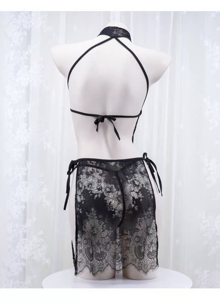 [𝐂𝐡𝐞 𝐭𝐞̂𝐧 - 🔥𝐇𝐨𝐚̉ 𝐭𝐨̂́𝐜 - tặng kèm tất ] Váy ngủ ren cổ yếm S1854 LIUSU SET phong cách Trung Hoa ren siêu mỏng Bralettehouse