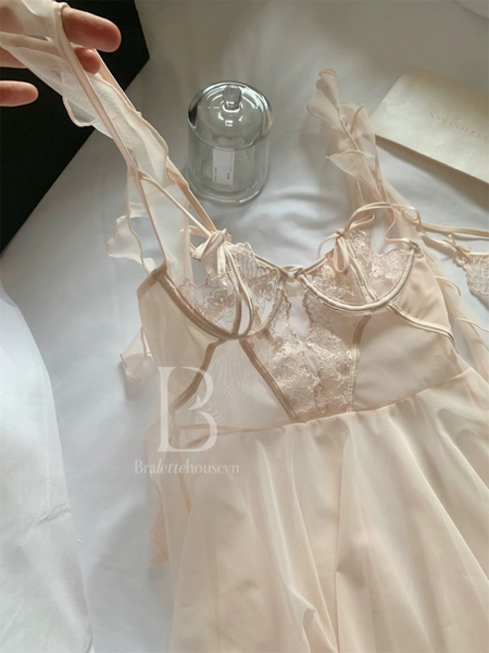 [Kèm quần] Đầm váy ngủ nữ cao cấp Sukiki Dress S2518 xuyên thấu dây rũ cánh tiên nữ tính cut out form xoè Bralettehousevn
