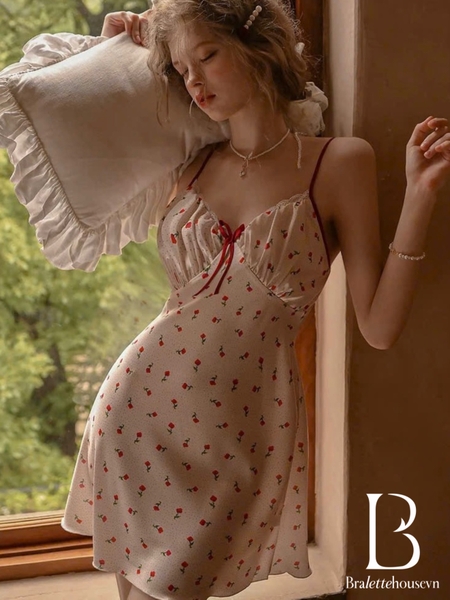 Đầm váy ngủ lụa satin cao cấp Wuci Dress in hoạ tiết hoa cherry dễ thương nữ tính mùa hè Bralettehousevn