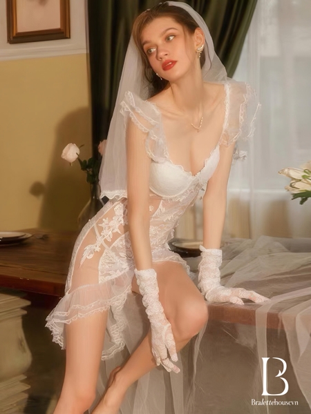 Set cosplay hoá trang cô dâu Soulmate Set S1803 ren gợi cảm form dài có gọng mút đệm Bralettehousevn