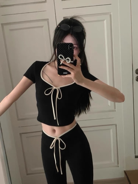 [💝Y2K TREND💝] 𝗦𝟮𝟭𝟬𝟲 𝗔𝗦𝗧𝗘𝗟 𝗦𝗘𝗧 bộ đồ quần dài cột nơ croptop y2k thoải mái mùa hè du lịch sexy gợi cảm Bralettehousevn