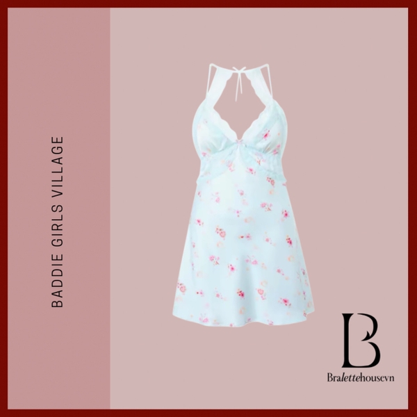 Đầm váy ngủ satin cao cấp Blomma Dress S2630 in hoa mềm mại phối ren sang trọng nữ tính Bralettehousevn