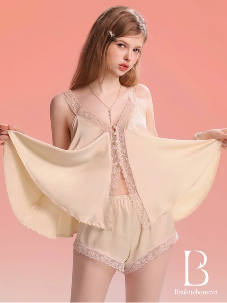Bộ đồ nữ 2 dây satin phối ren Golden Set kèm quần short nữ tính gợi cảm cao cấp tiểu thư Bralettehousevn