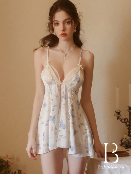 Váy ngủ nữ satin hoạ tiết Lerry Dress S2555xẻ tà gợi cảm hoạ tiết fruit nữ tính thanh lịch Bralettehousevn