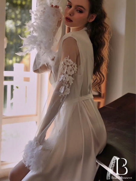 [HOT] Choàng satin cao cấp Mythos S2220 đính lông vũ cô dâu dáng dài sang trọng gợi cảm cao cấp Bralettehousevn