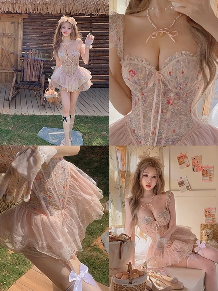 Đầm váy nữ Lux Corset S2439 phối hoa phong cách balletcore dáng corset có xương định hình phối bèo thiên thần tiểu thư nữ tính Bralettehousevn
