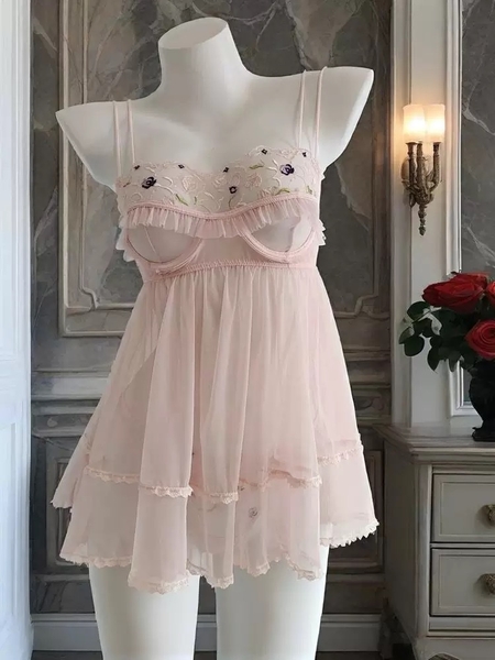 Đầm váy ngủ nữ cao cấp có gọng Qeqe Dress S2652 xuyên thấu phối ren bèo nữ tính tiểu thư gợi cảm Bralettehousevn