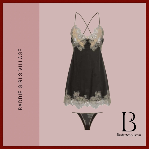 Đầm ngủ satin nữ Jammy Dress S2593 phối ren da cao cấp gợi cảm sang trọng nữ tính Bralettehousevn