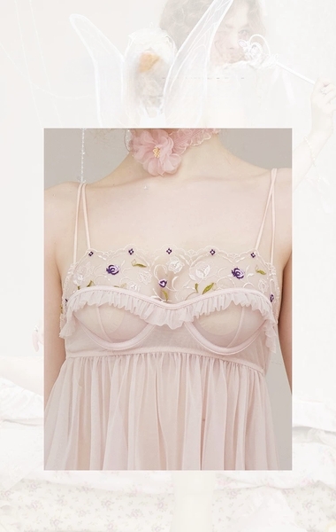 Đầm váy ngủ nữ cao cấp có gọng Qeqe Dress S2652 xuyên thấu phối ren bèo nữ tính tiểu thư gợi cảm Bralettehousevn