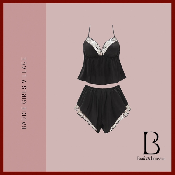 Bộ đồ ngủ satin Rubelia Set S2616 cao cấp phối viền mỏng cao cấp sang trọng gợi cảm Bralettehousevn