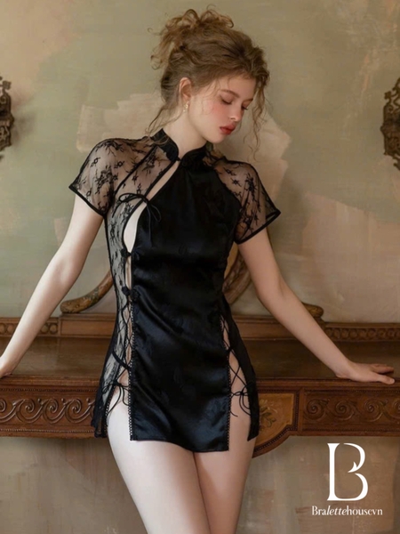 Váy đầm ngủ nữ phong cách Trung Hoa Cungxi Dress satin phối ren lưới xuyên thấu gợi cảm Bralettehousevn