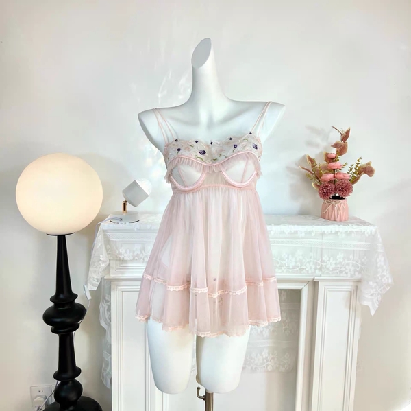 Đầm váy ngủ nữ cao cấp có gọng Qeqe Dress S2652 xuyên thấu phối ren bèo nữ tính tiểu thư gợi cảm Bralettehousevn