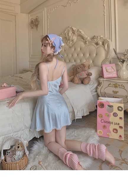 Đầm ngủ satin nữ Erza Dress S2420 cao cấp form xoè nhẹ ca rô xanh đáng yêu tươi trẻ Bralettehousevn