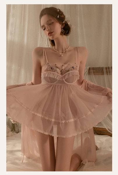 Đầm váy ngủ nữ cao cấp có gọng Qeqe Dress S2652 xuyên thấu phối ren bèo nữ tính tiểu thư gợi cảm Bralettehousevn