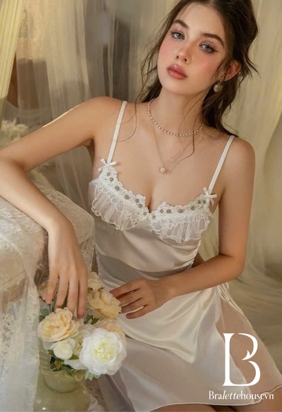 Đầm váy ngủ nữ satin Petuna Dress S2489 cao cấp phối hoa cut out gợi cảm đính hoa phối xuyên thấu Bralettehousevn