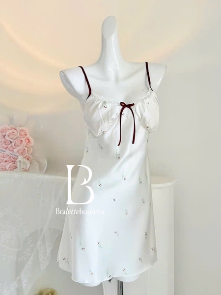 Đầm váy ngủ lụa satin cao cấp Wuci Dress in hoạ tiết hoa cherry dễ thương nữ tính mùa hè Bralettehousevn