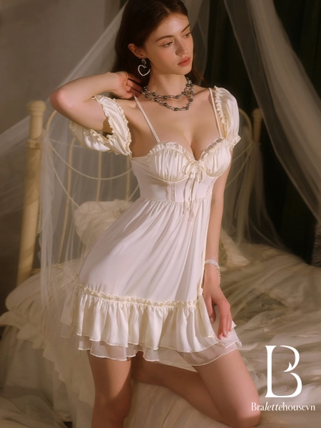 [CHE BẮP TAY] Đầm váy ngủ nữ Laila Dress S2507 satin cao cấp có tay  dáng xoè che khuyết điểm phong cách nàng thơ Bralettehousevn
