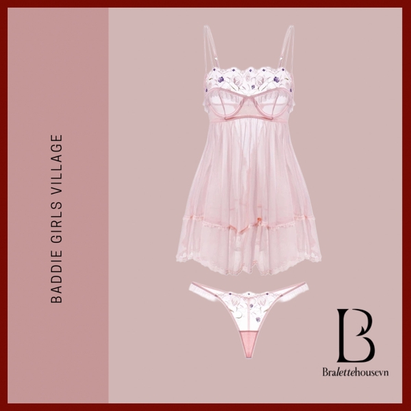 Đầm váy ngủ nữ cao cấp có gọng Qeqe Dress S2652 xuyên thấu phối ren bèo nữ tính tiểu thư gợi cảm Bralettehousevn