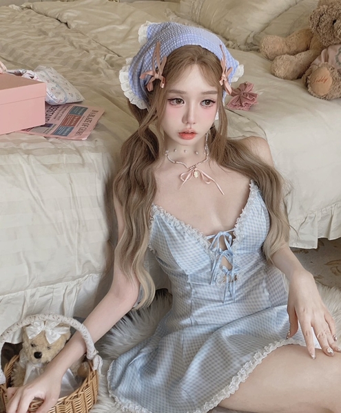 Đầm ngủ satin nữ Erza Dress S2420 cao cấp form xoè nhẹ ca rô xanh đáng yêu tươi trẻ Bralettehousevn