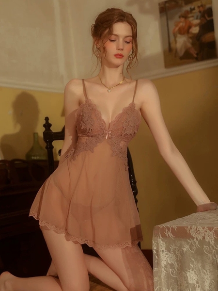 [KÈM QUẦN] Đầm ngủ Tahi Dress S2381 lưới xuyên thấu phối ren nổi cao cấp gợi cảm Bralettehousevn