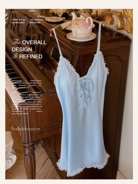 Đầm ngủ satin nữ Erza Dress S2420 cao cấp form xoè nhẹ ca rô xanh đáng yêu tươi trẻ Bralettehousevn