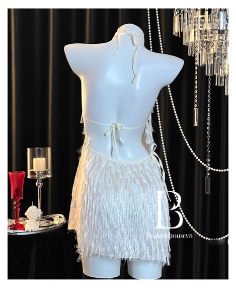 Đầm váy ngủ cổ yếm Fila Dress S2647 tua rua bắt sáng xẻ tà gợi cảm nữ tính kiêu sa Bralettehousevn