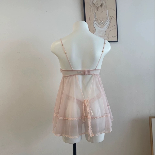 Đầm váy ngủ nữ cao cấp có gọng Qeqe Dress S2652 xuyên thấu phối ren bèo nữ tính tiểu thư gợi cảm Bralettehousevn