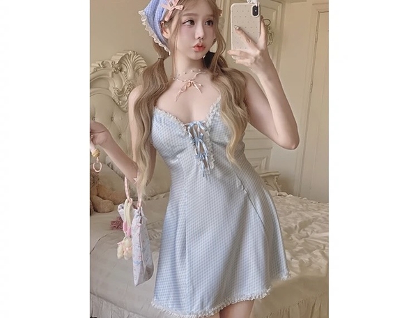 Đầm ngủ satin nữ Erza Dress S2420 cao cấp form xoè nhẹ ca rô xanh đáng yêu tươi trẻ Bralettehousevn